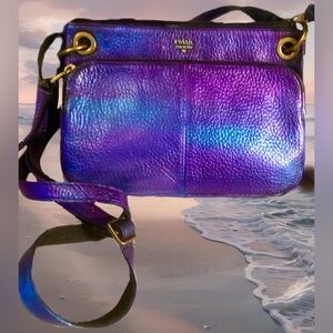 FOSSIL Metallic Purple Blu Mult Color Pebble Leather Crossbody Bag Handbag